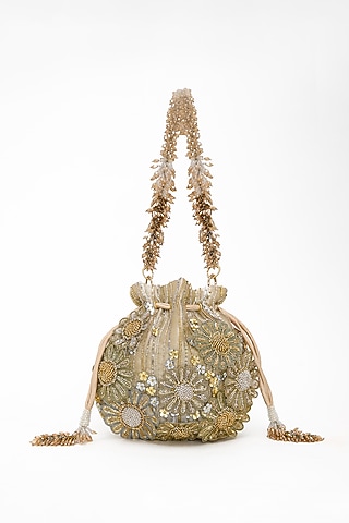 Gold & Silver Organza Japanese Bugle Bead Hand Embroidered Potli by Doux Amour