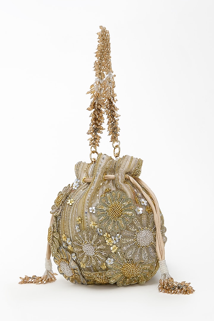 Gold & Silver Organza Japanese Bugle Bead Hand Embroidered Potli by Doux Amour at Pernia's Pop Up Shop