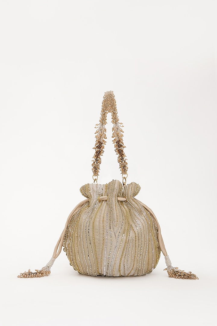 Gold & Silver Organza Japanese Bugle Bead Hand Embroidered Potli by Doux Amour at Pernia's Pop Up Shop