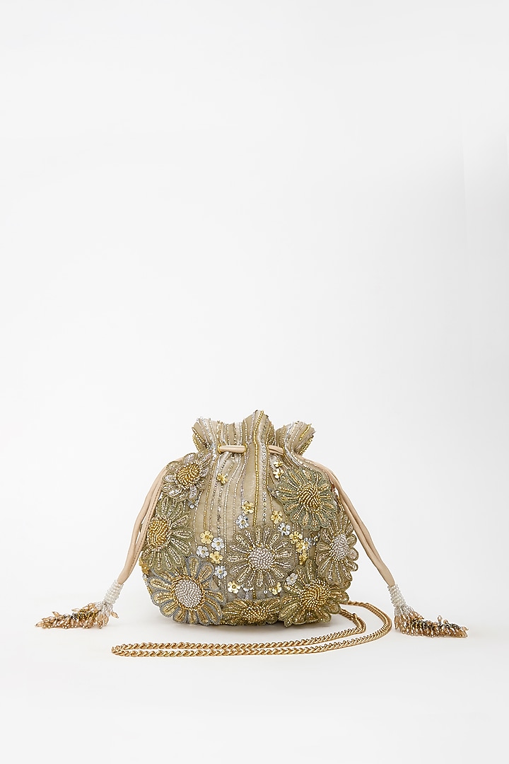 Gold & Silver Organza Japanese Bugle Bead Hand Embroidered Potli by Doux Amour at Pernia's Pop Up Shop