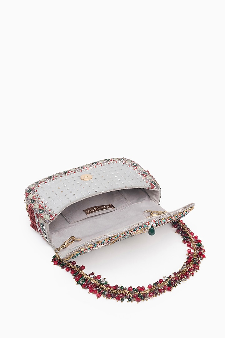 Silver Cotton Silk Crystal Embroidered Mini Clutch by Doux Amour at Pernia's Pop Up Shop