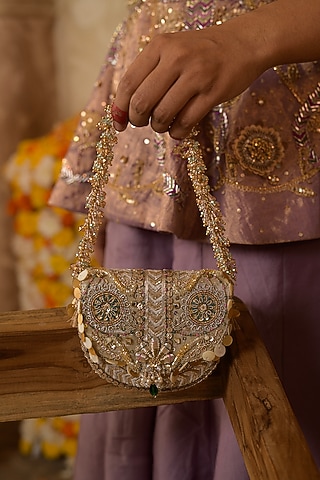 Gold & Silver Crystal Embroidered Flapover Clutch by Doux Amour