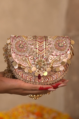Blush Crystal Embroidered Flapover Clutch by Doux Amour