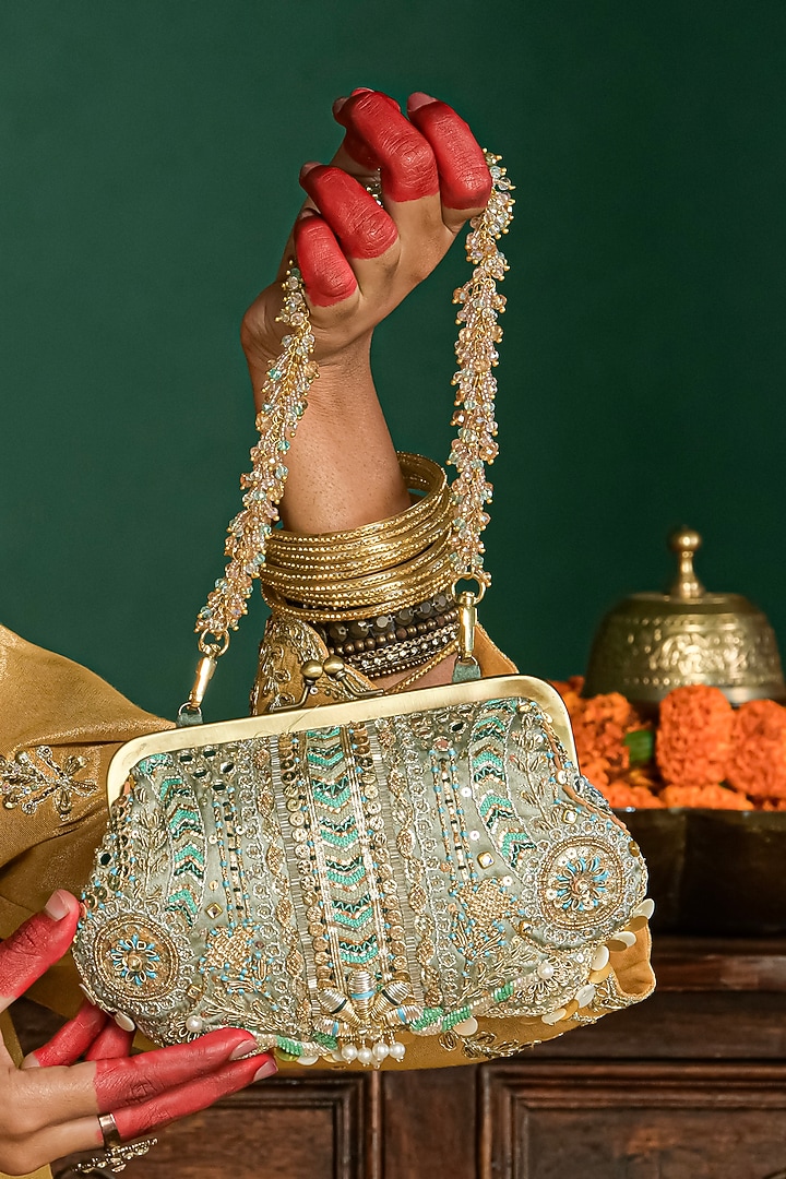 Jade Green Crystal Embroidered Clutch by Doux Amour at Pernia's Pop Up Shop