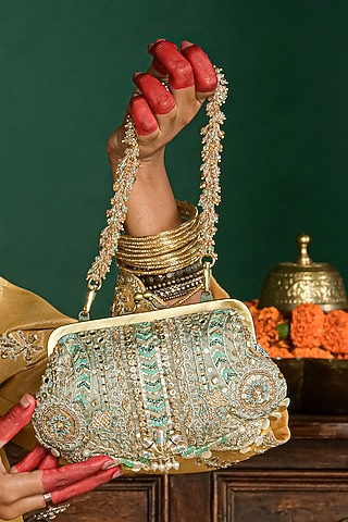 Jade Green Crystal Embroidered Clutch by Doux Amour