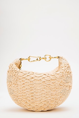 Apricot Suede Bead Hand Embroidered Clutch by Doux Amour