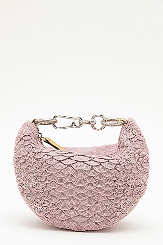 Lilac Suede Bead Hand Embroidered Clutch by Doux Amour