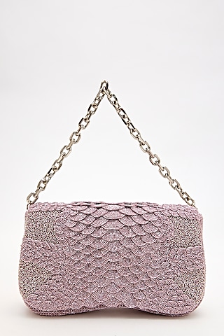 Lilac Suede Bead Hand Embroidered Clutch by Doux Amour