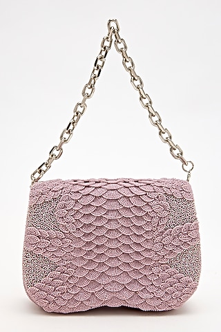 Lilac Suede Bead Hand Embroidered Clutch by Doux Amour