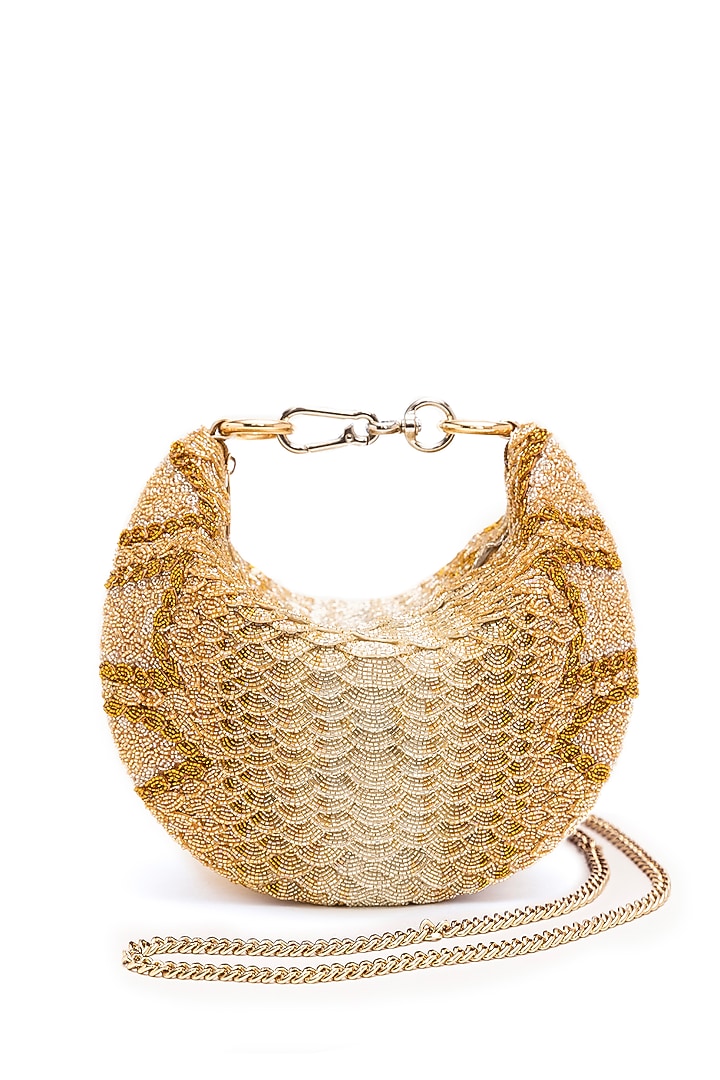 Gold Microfiber Japanese Bugle Beaded Hand Embroidered Handcrafted Bag by Doux Amour at Pernia's Pop Up Shop