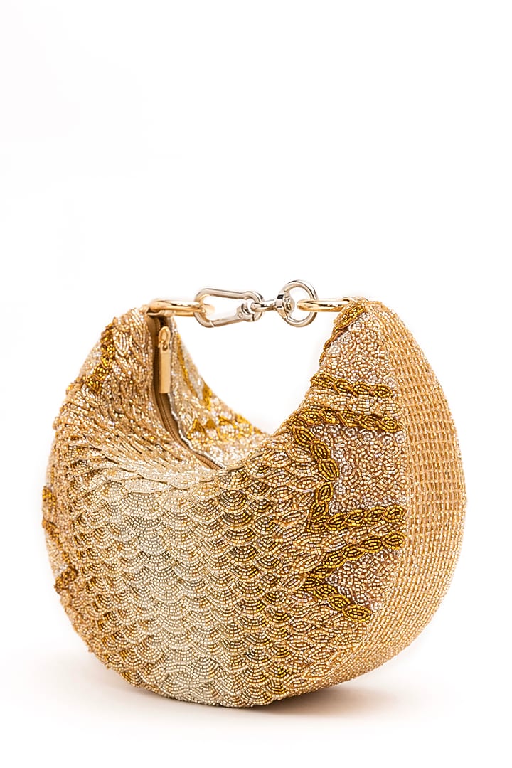 Gold Microfiber Japanese Bugle Beaded Hand Embroidered Handcrafted Bag by Doux Amour at Pernia's Pop Up Shop