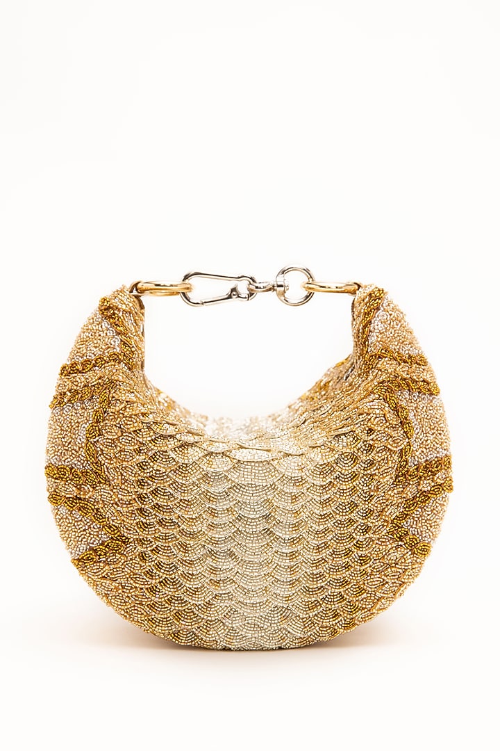 Gold Microfiber Japanese Bugle Beaded Hand Embroidered Handcrafted Bag by Doux Amour at Pernia's Pop Up Shop