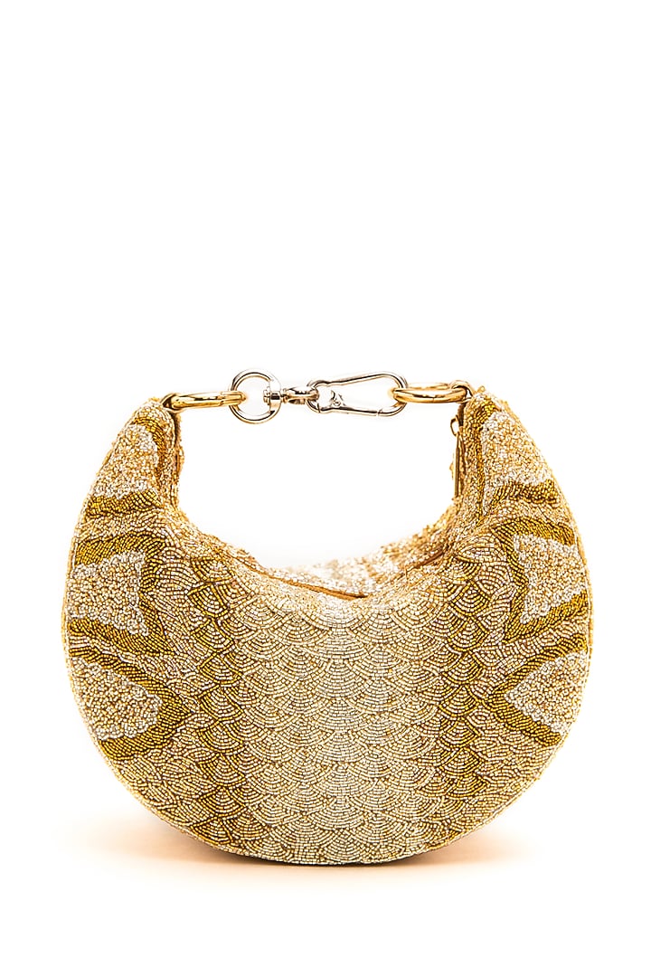 Gold Microfiber Japanese Bugle Beaded Hand Embroidered Handcrafted Bag by Doux Amour at Pernia's Pop Up Shop