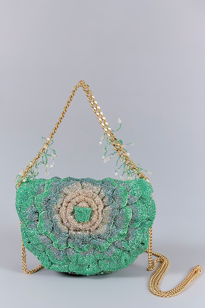 Jade Green Luxe Microfiber Suede Hand Embroidered Clutch by Doux Amour at Pernia's Pop Up Shop