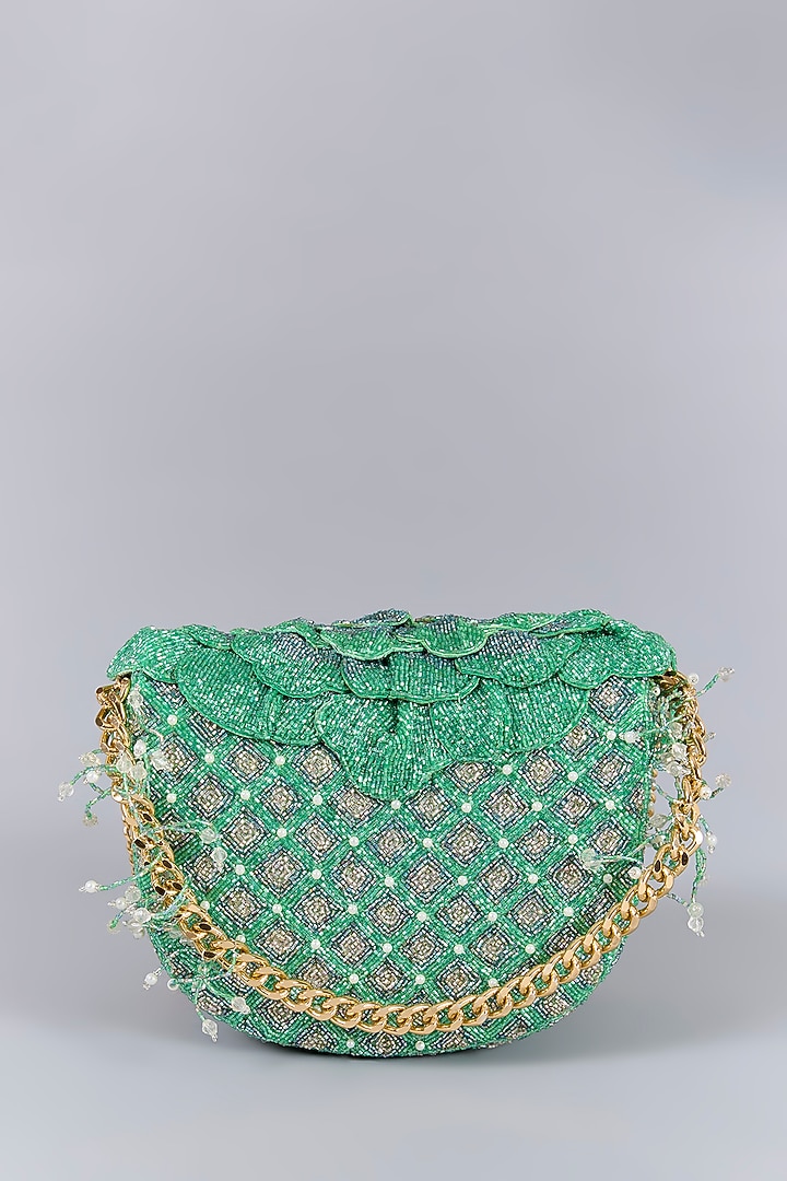 Jade Green Luxe Microfiber Suede Hand Embroidered Clutch by Doux Amour at Pernia's Pop Up Shop