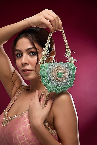 Jade Green Luxe Microfiber Suede Hand Embroidered Mini Clutch by Doux Amour