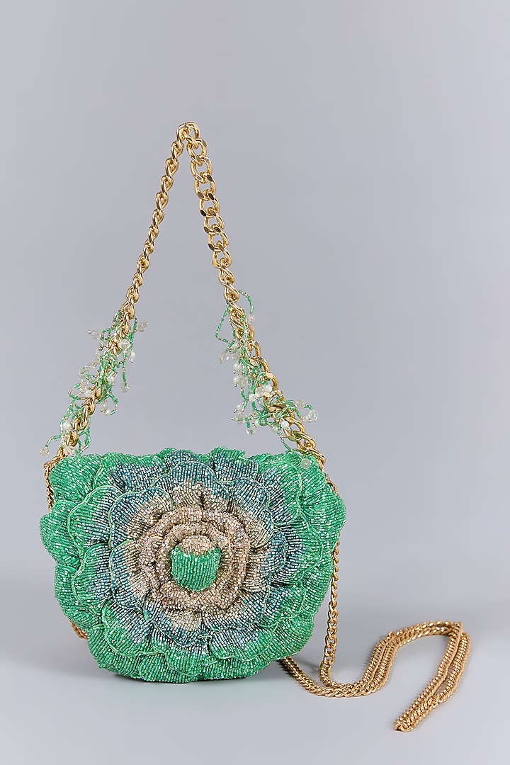 Jade Green Luxe Microfiber Suede Hand Embroidered Mini Clutch by Doux Amour at Pernia's Pop Up Shop