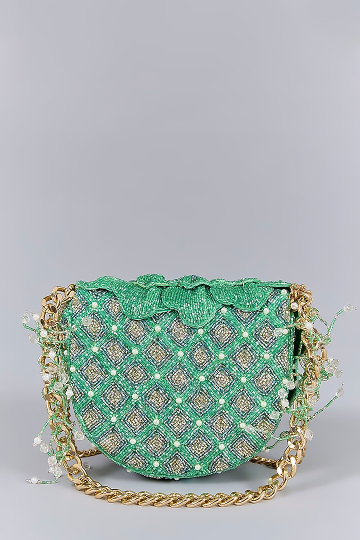 Jade Green Luxe Microfiber Suede Hand Embroidered Mini Clutch by Doux Amour at Pernia's Pop Up Shop