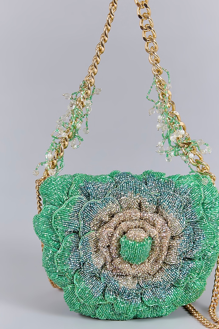 Jade Green Luxe Microfiber Suede Hand Embroidered Mini Clutch by Doux Amour at Pernia's Pop Up Shop