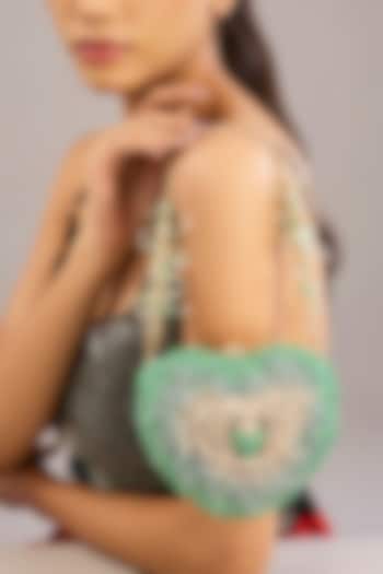 Green Japanese Bugle Bead Hand Embroidered Heart Rose Clutch by Doux Amour at Pernia's Pop Up Shop