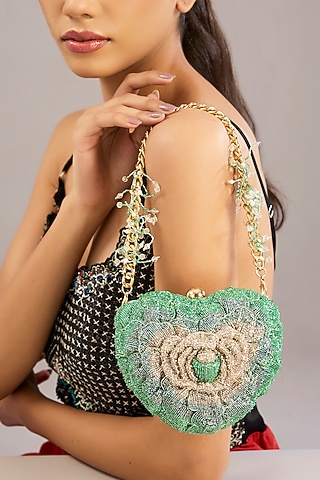 Green Japanese Bugle Bead Hand Embroidered Heart Rose Clutch by Doux Amour