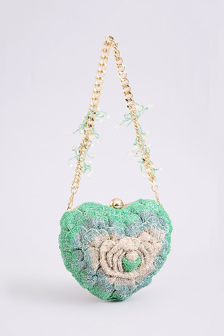 Green Japanese Bugle Bead Hand Embroidered Heart Rose Clutch by Doux Amour at Pernia's Pop Up Shop