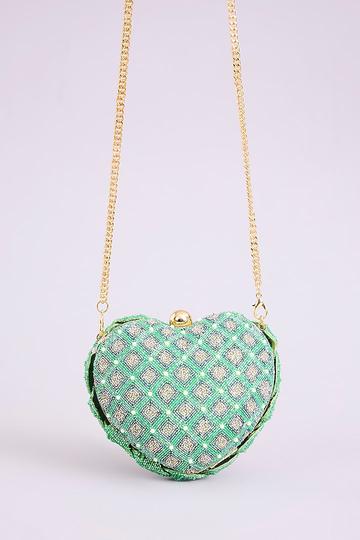 Green Japanese Bugle Bead Hand Embroidered Heart Rose Clutch by Doux Amour at Pernia's Pop Up Shop