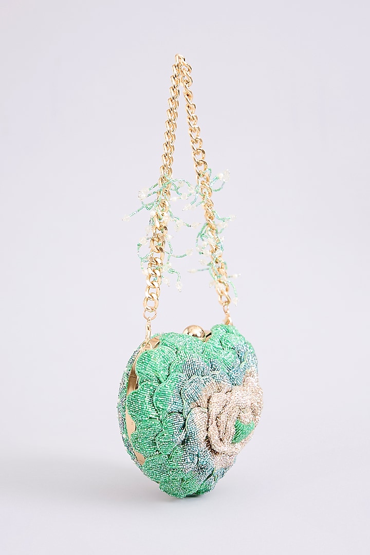 Green Japanese Bugle Bead Hand Embroidered Heart Rose Clutch by Doux Amour at Pernia's Pop Up Shop