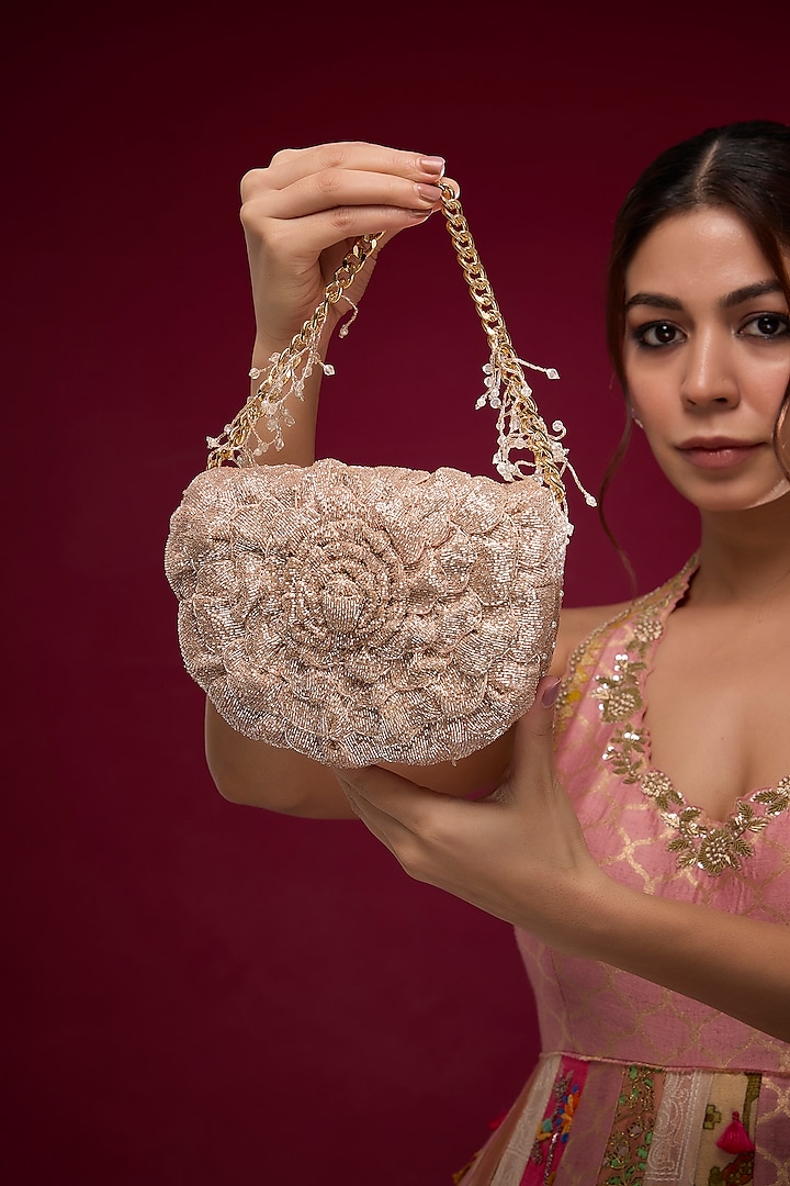Rose Gold Luxe Microfiber Suede Japanese Beads Hand Embroidered Clutch by Doux Amour at Pernia's Pop Up Shop
