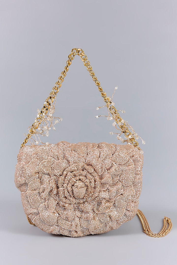 Rose Gold Luxe Microfiber Suede Japanese Beads Hand Embroidered Clutch by Doux Amour at Pernia's Pop Up Shop