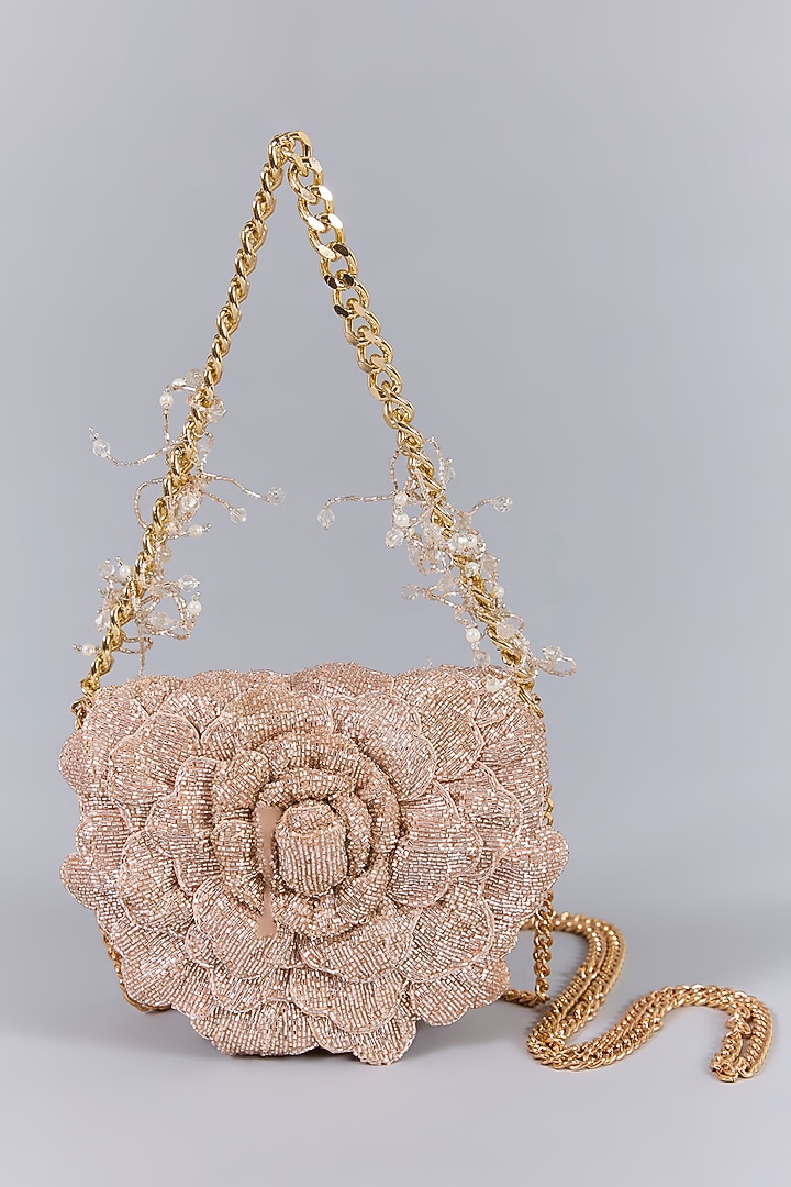 Rose Gold Luxe Microfiber Suede Japanese Beads Hand Embroidered Mini Clutch by Doux Amour at Pernia's Pop Up Shop
