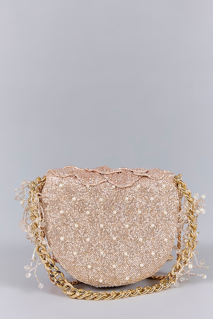 Rose Gold Luxe Microfiber Suede Japanese Beads Hand Embroidered Mini Clutch by Doux Amour at Pernia's Pop Up Shop