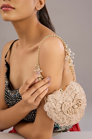 Rose Gold Japanese Bugle Bead Hand Embroidered Heart Rose Clutch by Doux Amour