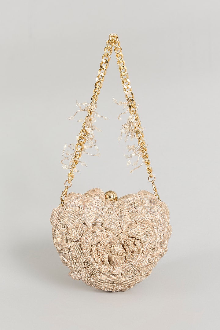 Rose Gold Japanese Bugle Bead Hand Embroidered Heart Rose Clutch by Doux Amour at Pernia's Pop Up Shop