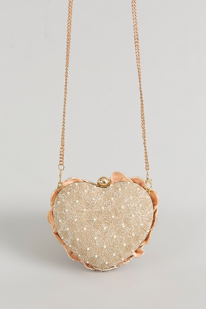 Rose Gold Japanese Bugle Bead Hand Embroidered Heart Rose Clutch by Doux Amour at Pernia's Pop Up Shop