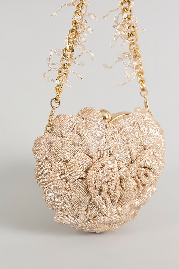 Rose Gold Japanese Bugle Bead Hand Embroidered Heart Rose Clutch by Doux Amour at Pernia's Pop Up Shop
