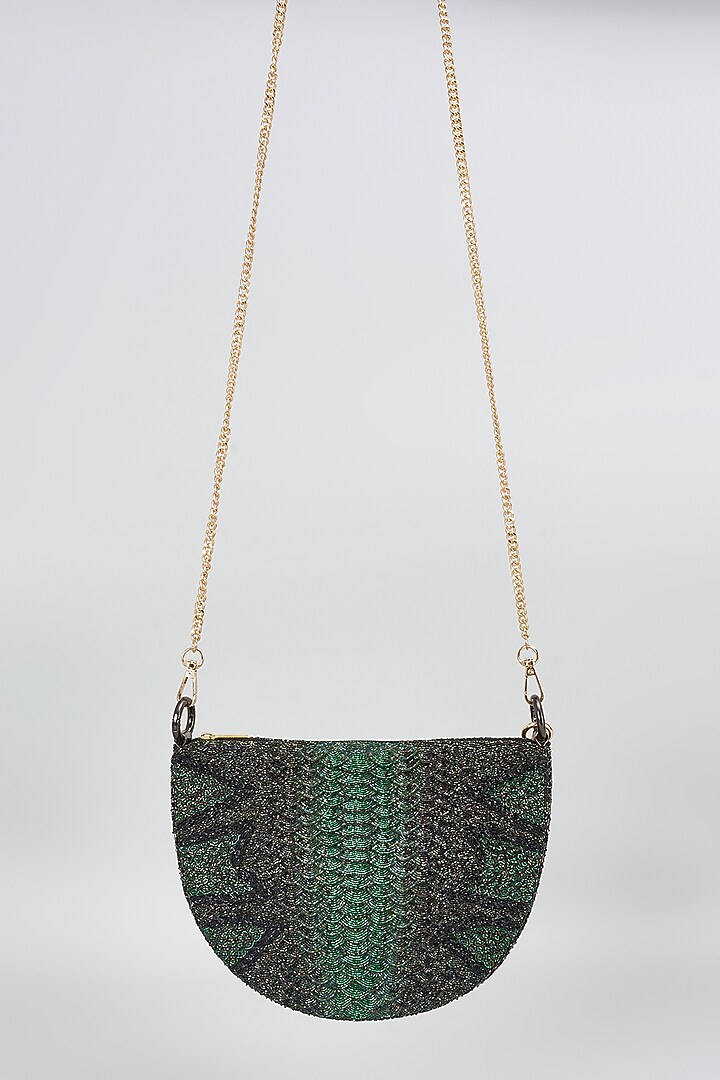 Green Japanese Bugle Bead Hand Embroidered Clutch by Doux Amour at Pernia's Pop Up Shop