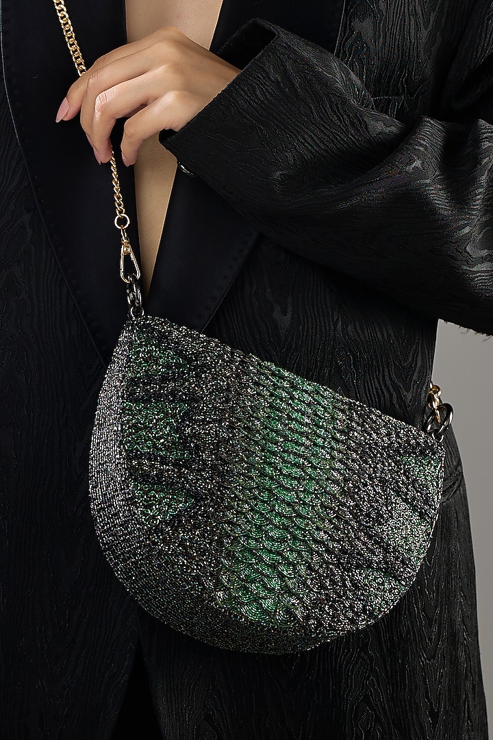 Green Japanese Bugle Bead Hand Embroidered Clutch by Doux Amour at Pernia's Pop Up Shop