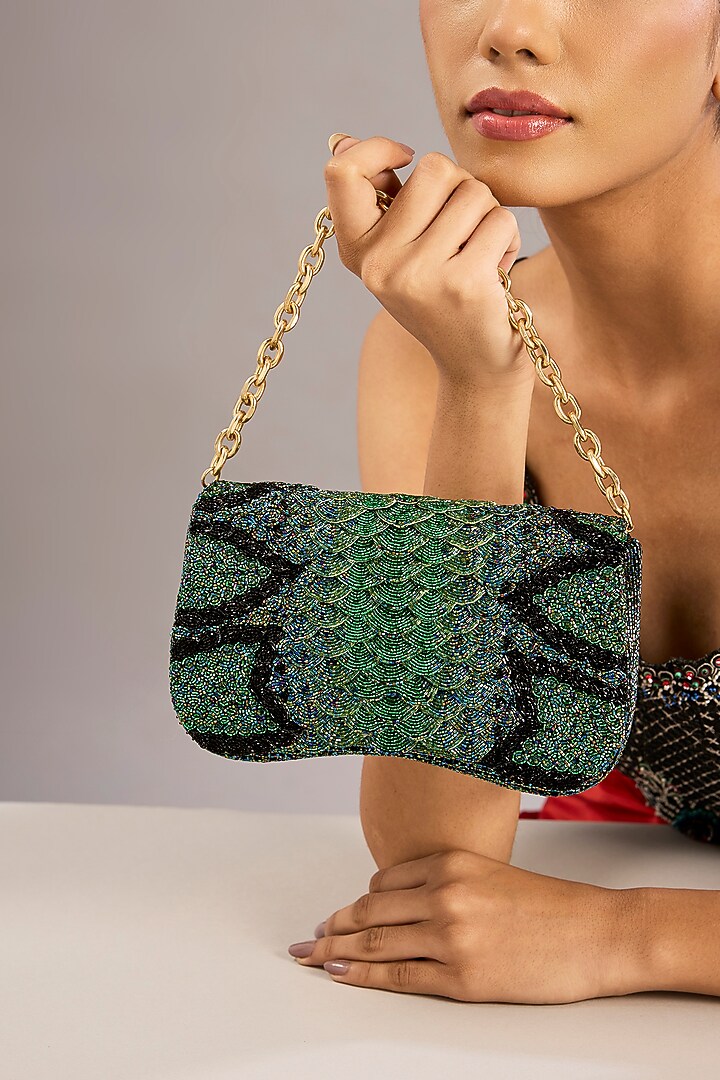 Green Japanese Bugle Bead Hand Embroidered Clutch by Doux Amour at Pernia's Pop Up Shop