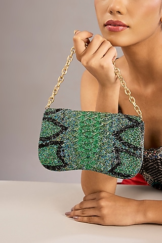 Green Japanese Bugle Bead Hand Embroidered Clutch by Doux Amour