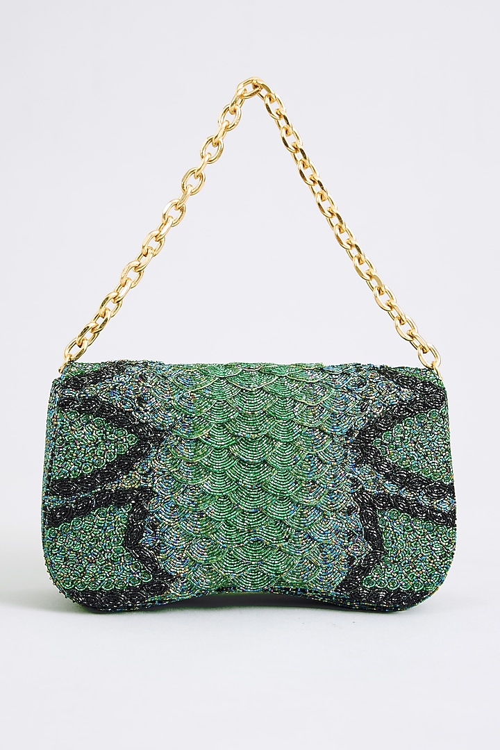 Green Japanese Bugle Bead Hand Embroidered Clutch by Doux Amour at Pernia's Pop Up Shop