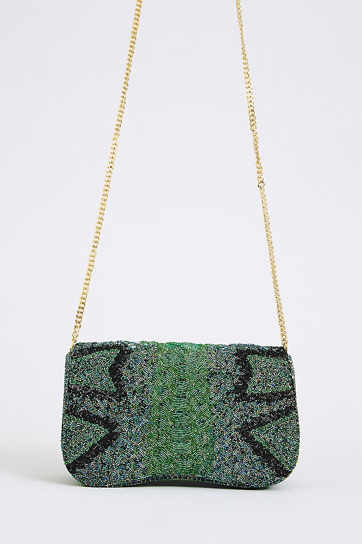 Green Japanese Bugle Bead Hand Embroidered Clutch by Doux Amour at Pernia's Pop Up Shop