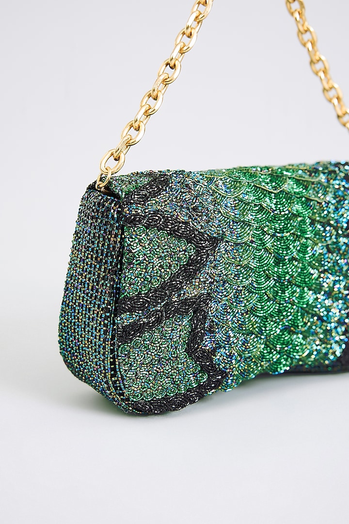 Green Japanese Bugle Bead Hand Embroidered Clutch by Doux Amour at Pernia's Pop Up Shop