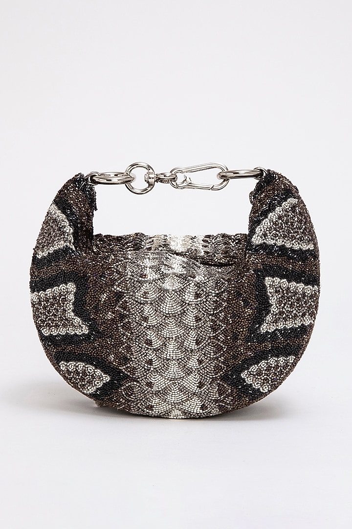 Silver Poly Satin Japanese Bugle Bead Hand Embroidered Clutch by Doux Amour at Pernia's Pop Up Shop