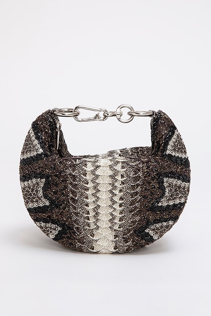 Silver Poly Satin Japanese Bugle Bead Hand Embroidered Clutch by Doux Amour at Pernia's Pop Up Shop