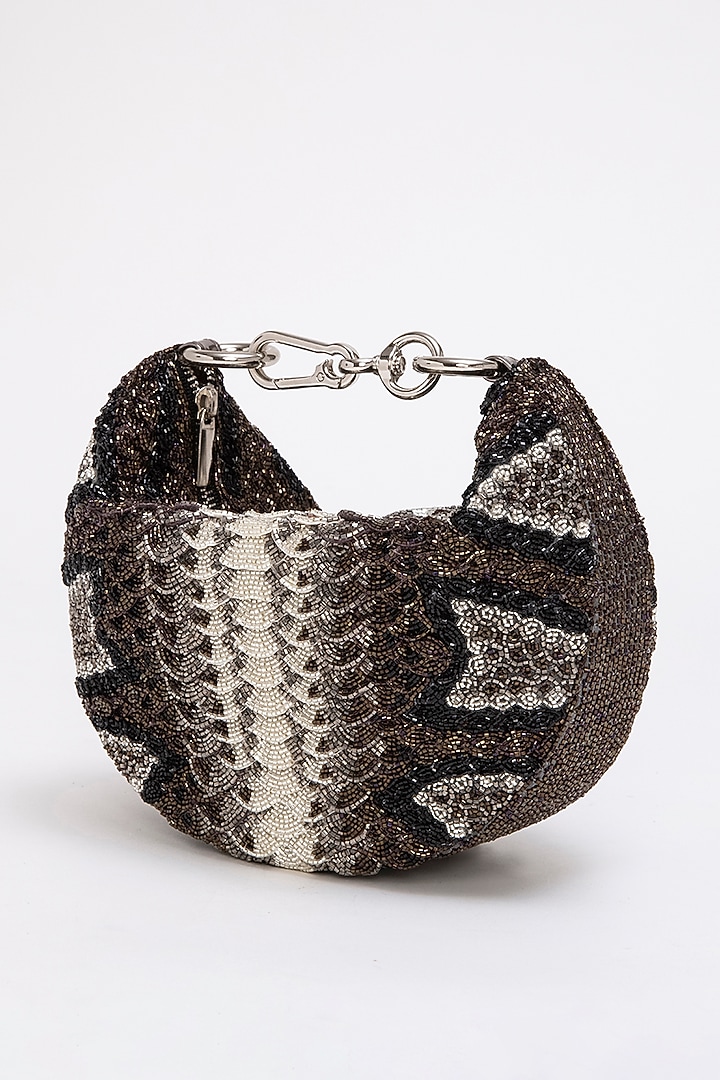 Silver Poly Satin Japanese Bugle Bead Hand Embroidered Clutch by Doux Amour at Pernia's Pop Up Shop