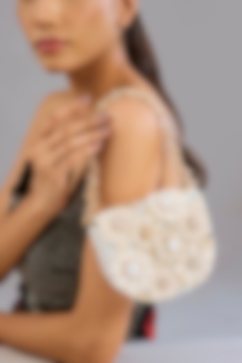 Ivory Japanese Bugle Bead Hand Embroidered Clutch by Doux Amour at Pernia's Pop Up Shop