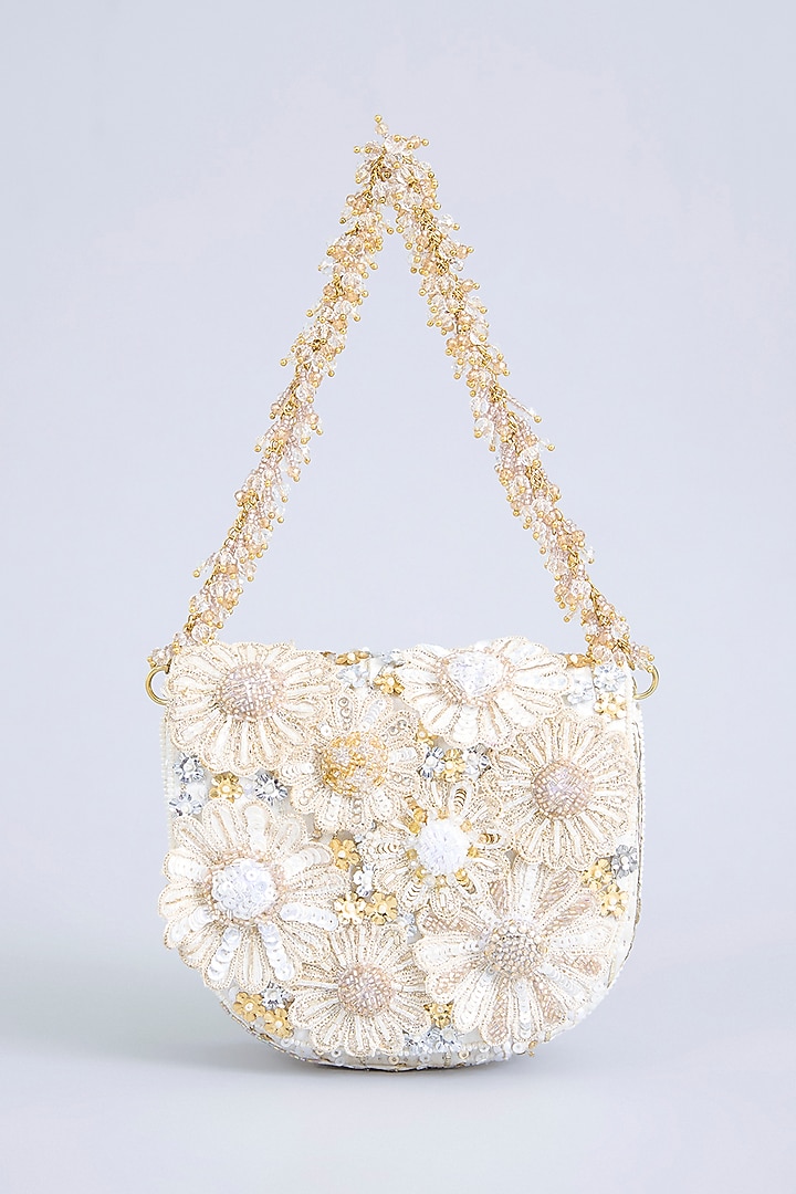 Ivory Japanese Bugle Bead Hand Embroidered Clutch by Doux Amour at Pernia's Pop Up Shop