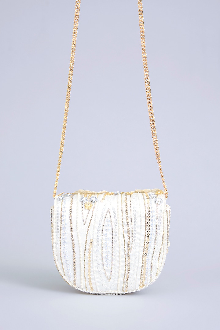 Ivory Japanese Bugle Bead Hand Embroidered Clutch by Doux Amour at Pernia's Pop Up Shop