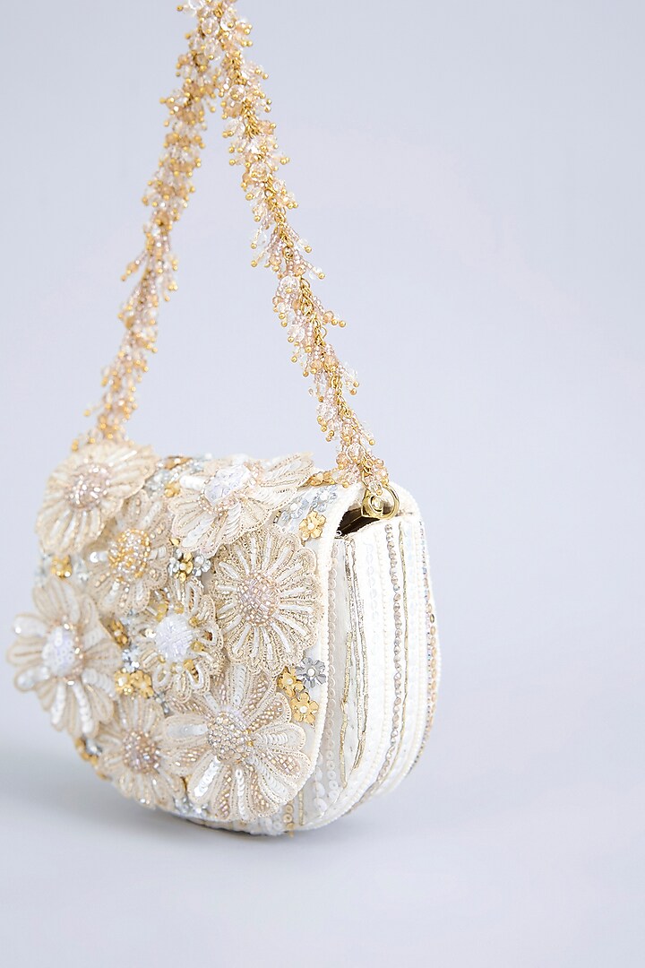 Ivory Japanese Bugle Bead Hand Embroidered Clutch by Doux Amour at Pernia's Pop Up Shop